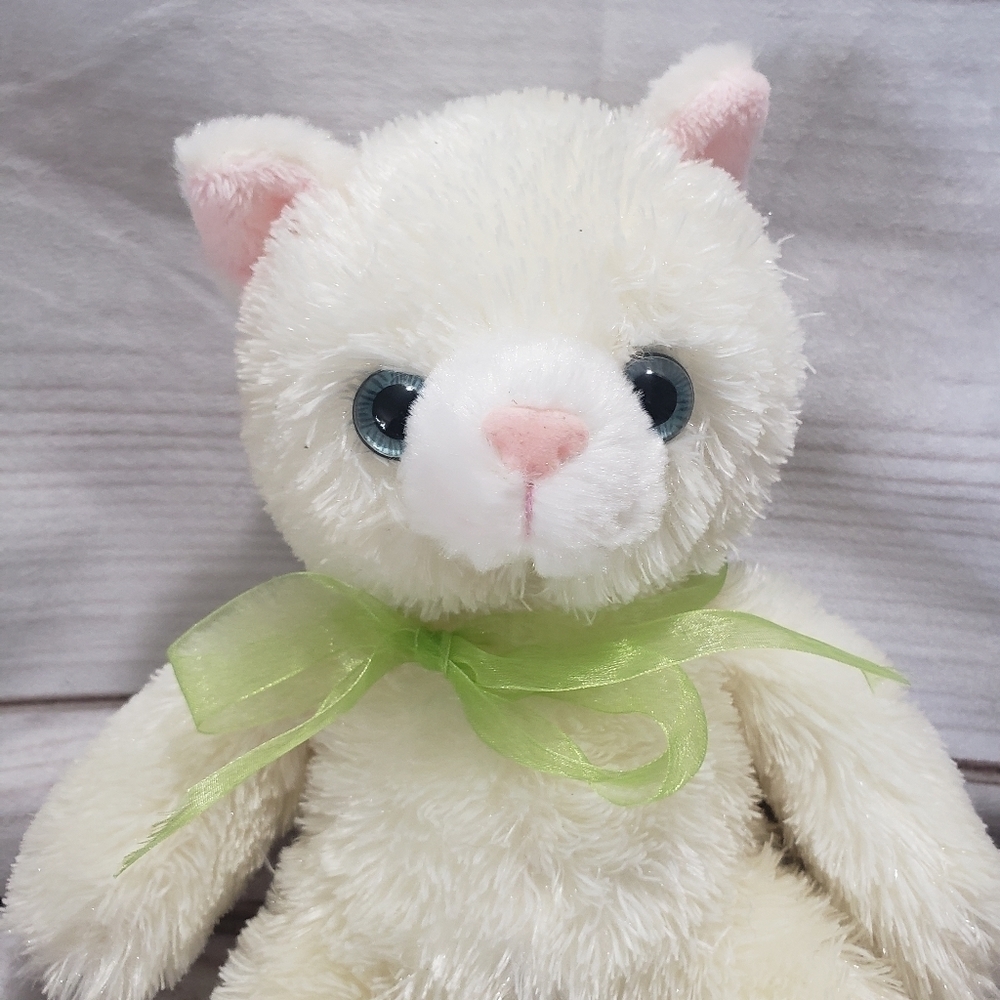 Aurora White Cat 7" Plush Stuffed Animal Blue Eyes Pink Ears Nose Green Bow